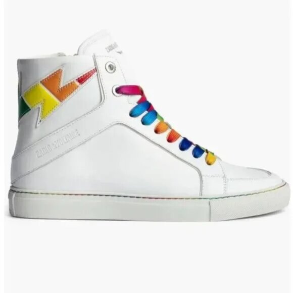 ZADIG & VOLTAIRE Womens Size 37 High Flash Pride White Leather Sneakers Shoes - Picture 3 of 3